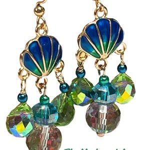 Gold, Green and Blue Shell Dangle Earrings